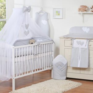 Patalynės komplektas, 5 dalių, su tinkleliu nuo uodų – Hanging Hearts, pilka
