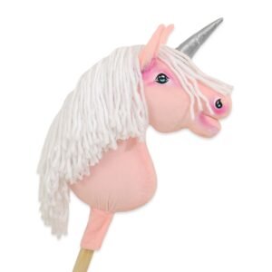 Hobby Horse vienaragis ant lazdos - rožinės spalvos su baltais karčiais ir sidabriniu ragu A4