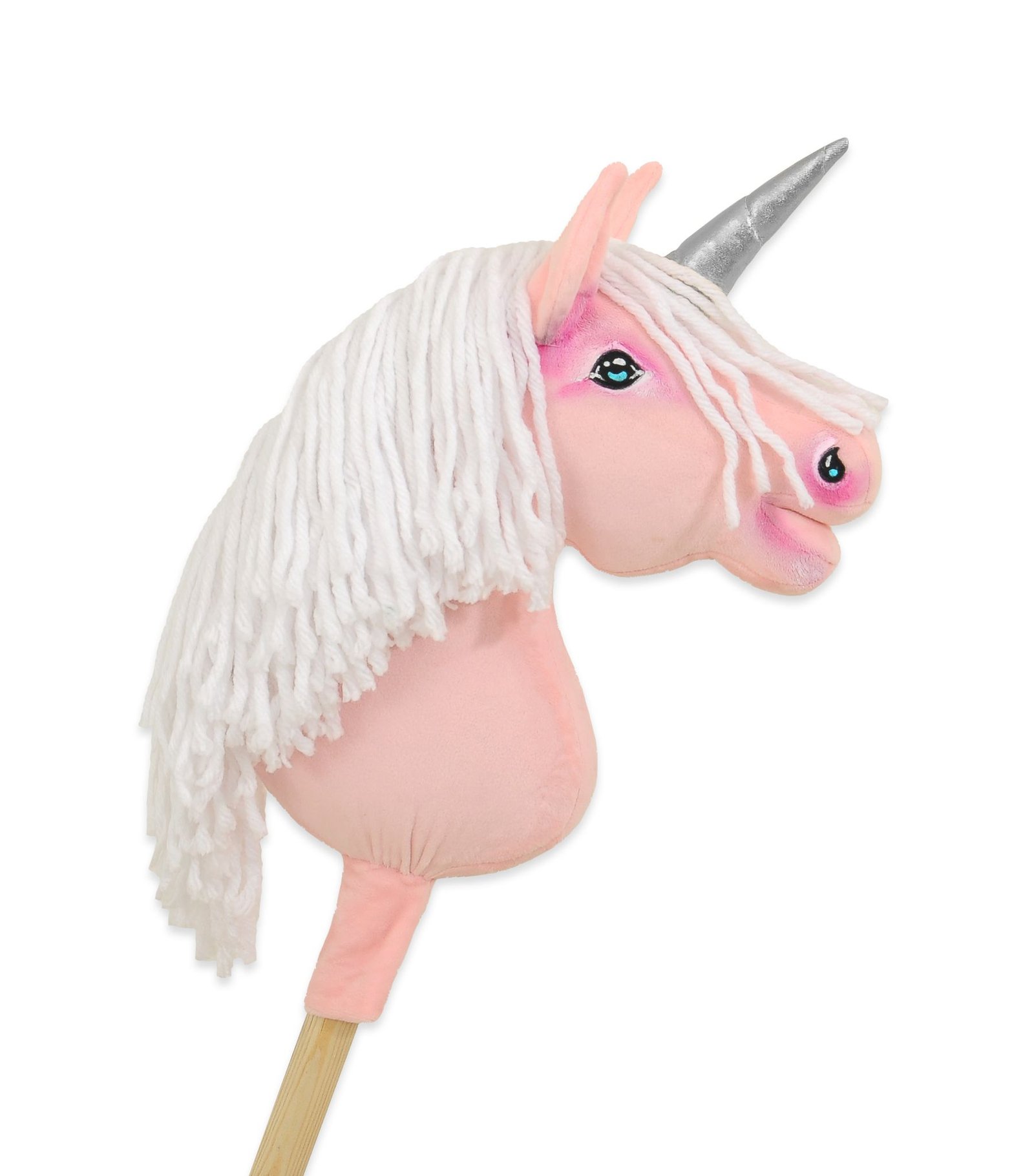 Hobby Horse vienaragis ant lazdos - rožinės spalvos su baltais karčiais ir sidabriniu ragu A4
