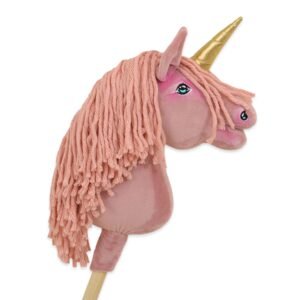 Hobby Horse vienaragis ant lazdos - pastelinės rožinės spalvos su rožiniais karčiais ir auksiniu ragu A4