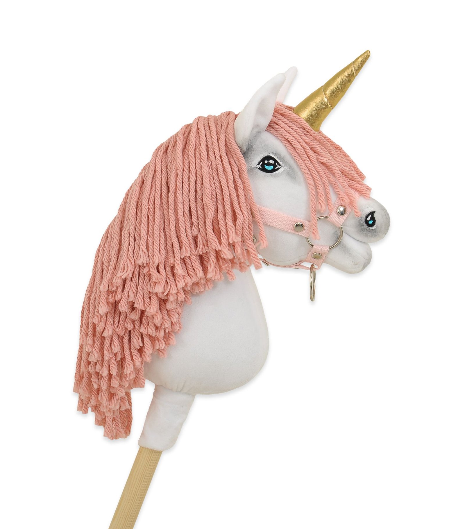 Hobby Horse vienaragis ant lazdos - baltos spalvos su pastelinės rožinės spalvos karčiais ir auksiniu ragu A4 - Image 2