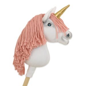 Hobby Horse vienaragis ant lazdos - baltos spalvos su pastelinės rožinės spalvos karčiais ir auksiniu ragu A4