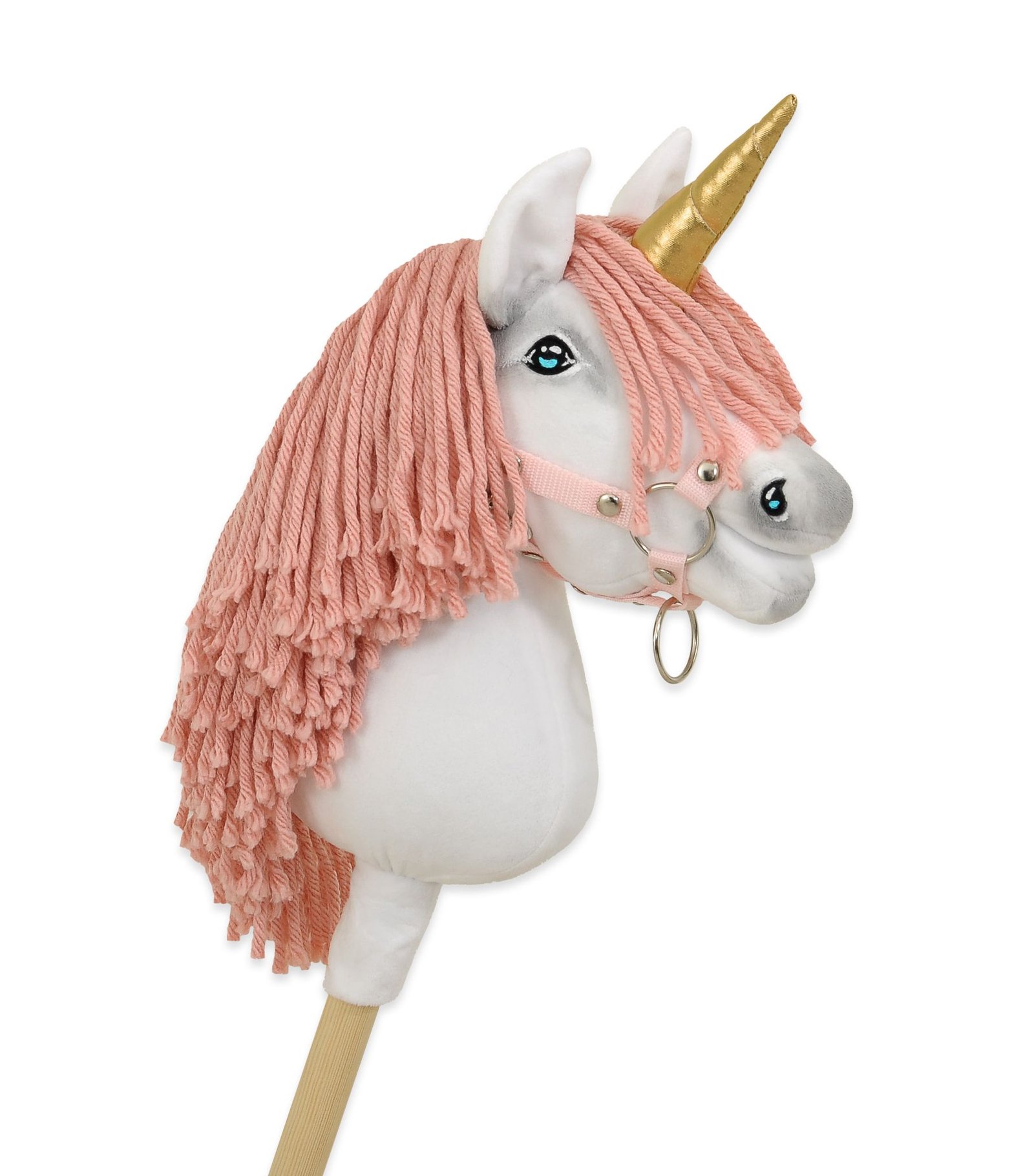 Hobby Horse vienaragis ant lazdos - baltos spalvos su pastelinės rožinės spalvos karčiais ir auksiniu ragu A4 - Image 3