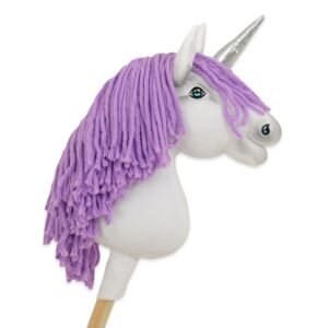 Hobby Horse vienaragis ant lazdos - baltos spalvos su alyviniais karčiais ir sidabriniu ragu A4