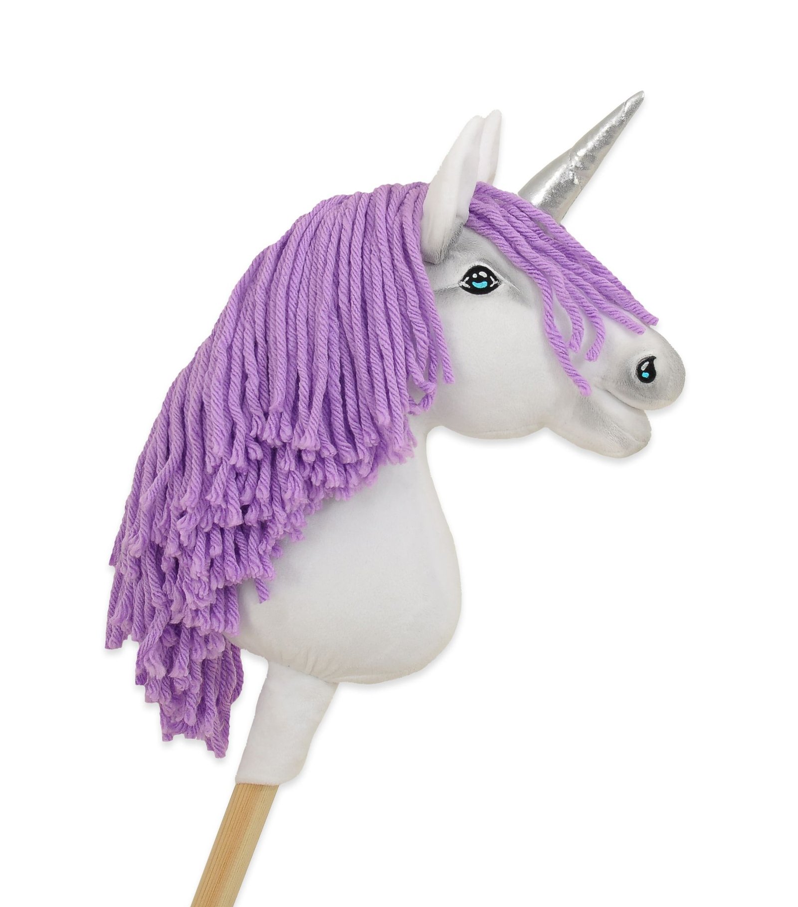 Hobby Horse vienaragis ant lazdos - baltos spalvos su alyviniais karčiais ir sidabriniu ragu A4