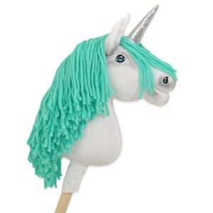 Hobby Horse vienaragis ant lazdos - baltos spalvos su mėtiniais karčiais ir sidabriniu ragu A4