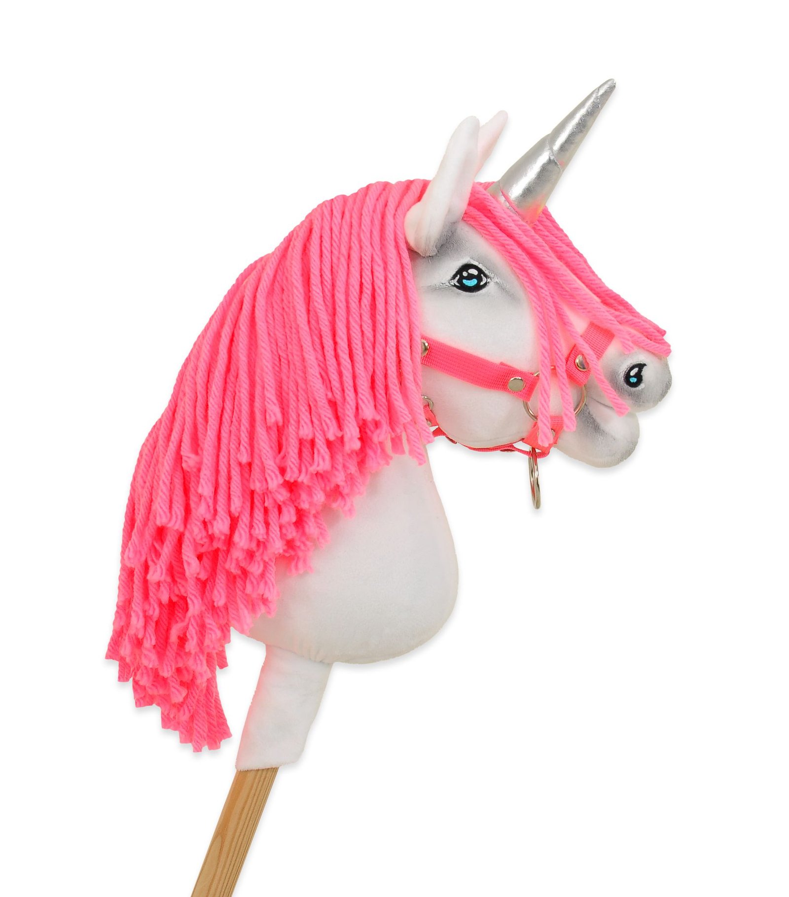Hobby Horse vienaragis ant lazdos - baltos spalvos su neoninės rožinės spalvos karčiais ir sidabriniu ragu A4 - Image 2