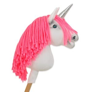 Hobby Horse vienaragis ant lazdos - baltos spalvos su neoninės rožinės spalvos karčiais ir sidabriniu ragu A4