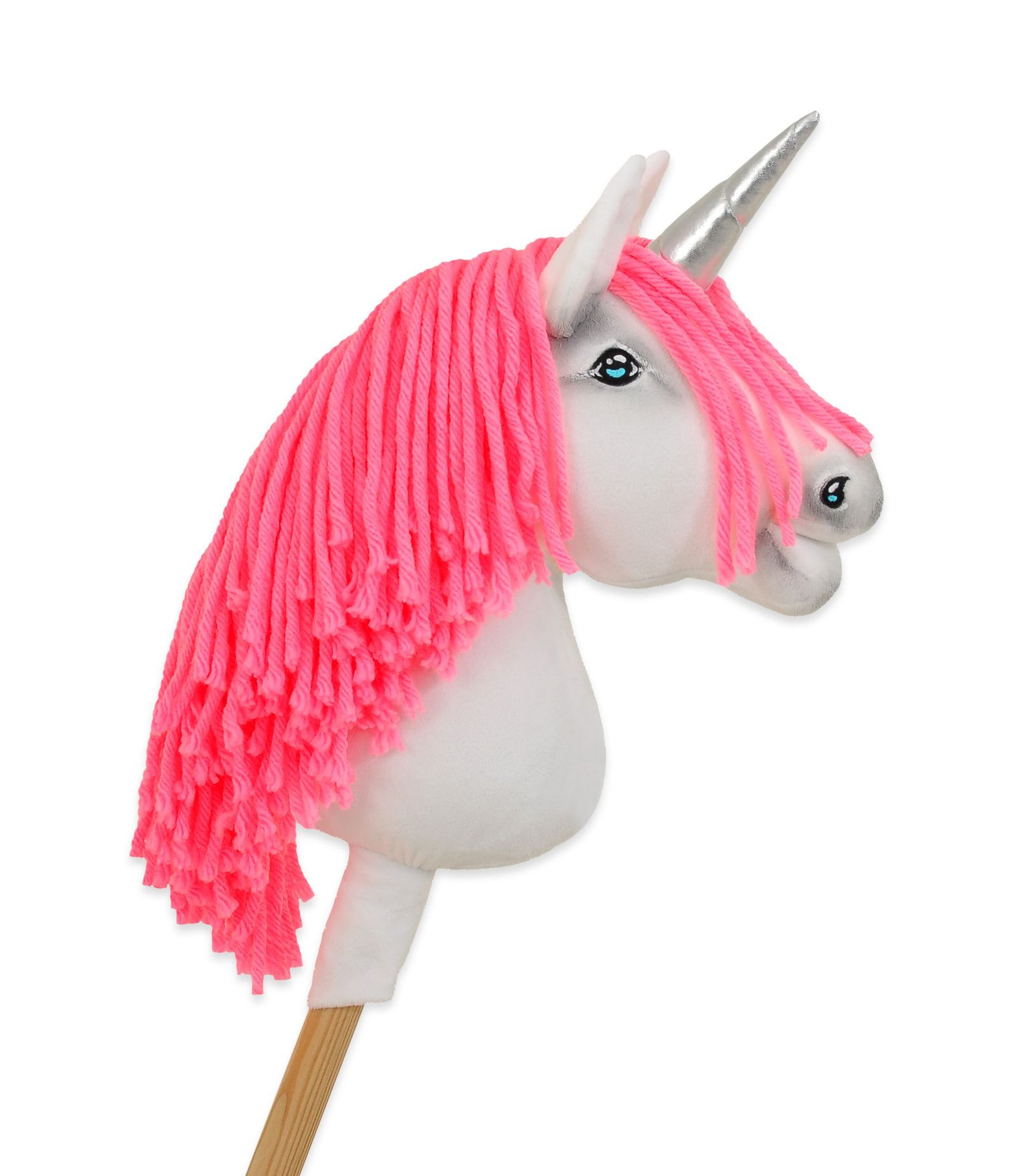 Hobby Horse vienaragis ant lazdos - baltos spalvos su neoninės rožinės spalvos karčiais ir sidabriniu ragu A4