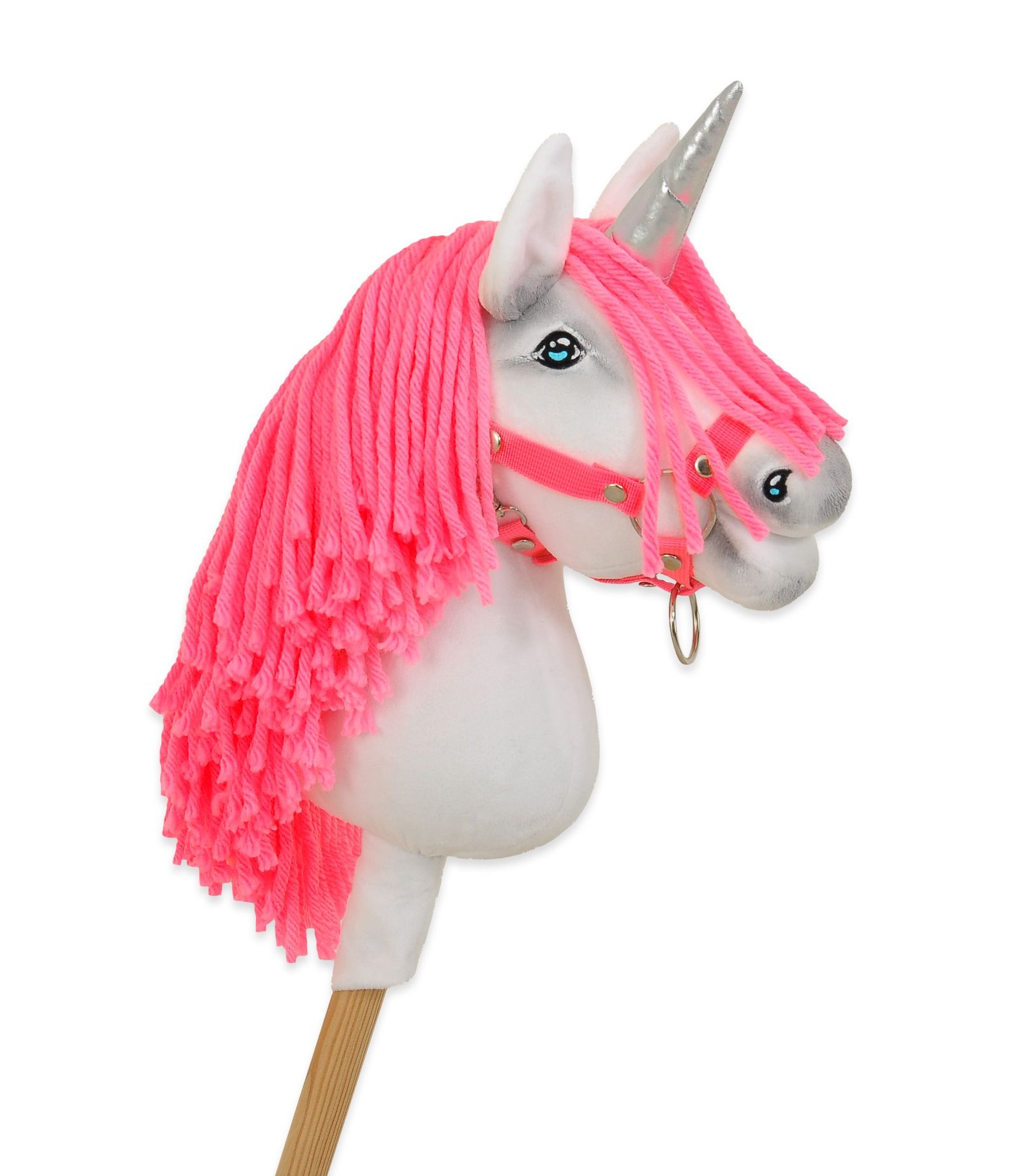 Hobby Horse vienaragis ant lazdos - baltos spalvos su neoninės rožinės spalvos karčiais ir sidabriniu ragu A4 - Image 3