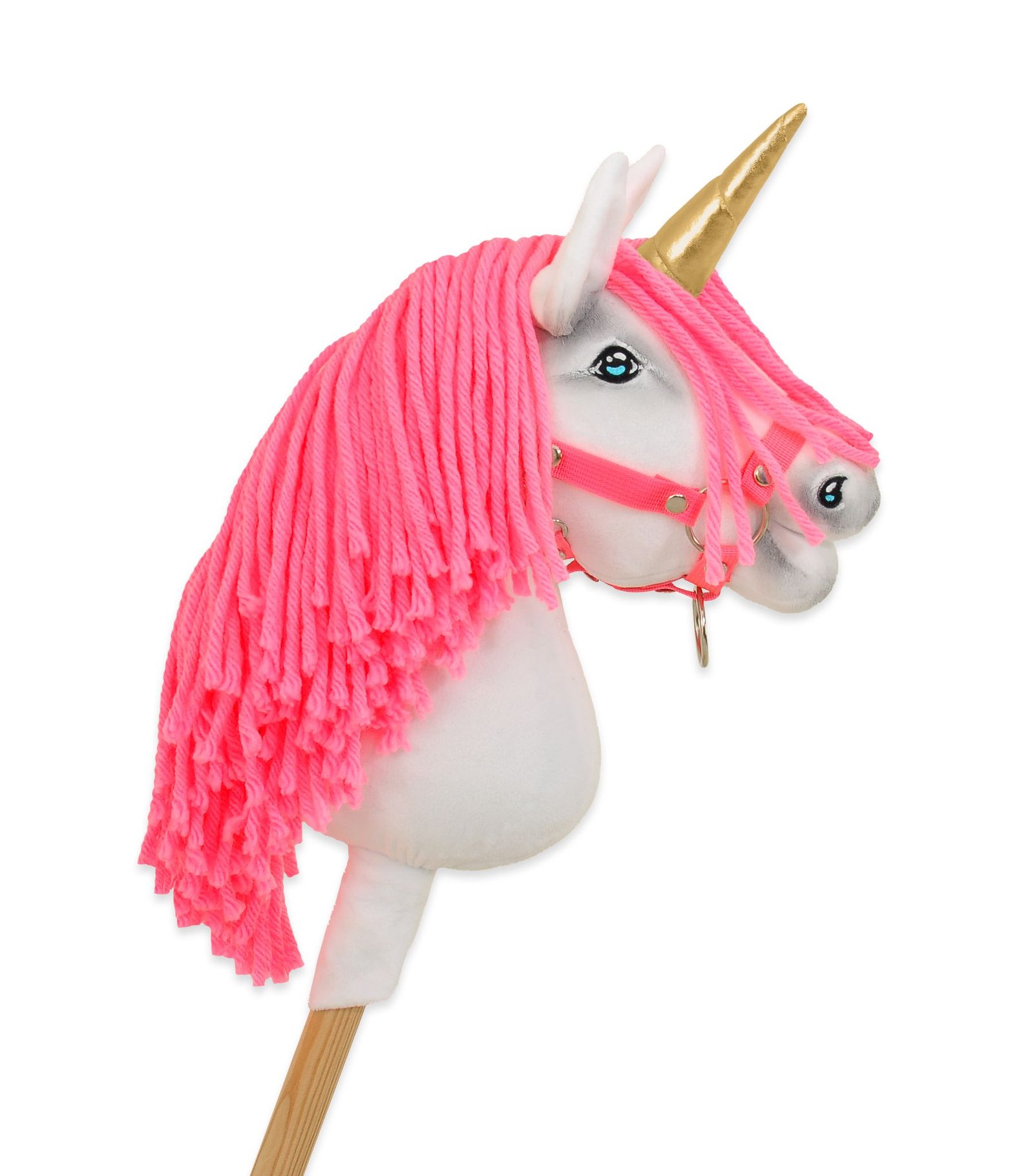 Hobby Horse vienaragis ant lazdos - baltos spalvos su neoninės rožinės spalvos karčiais ir auksiniu ragu A4 - Image 2