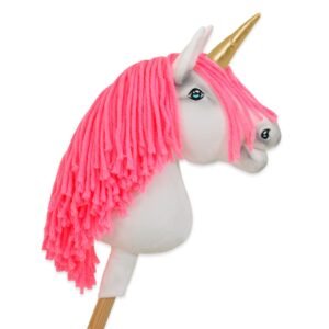 Hobby Horse vienaragis ant lazdos - baltos spalvos su neoninės rožinės spalvos karčiais ir auksiniu ragu A4