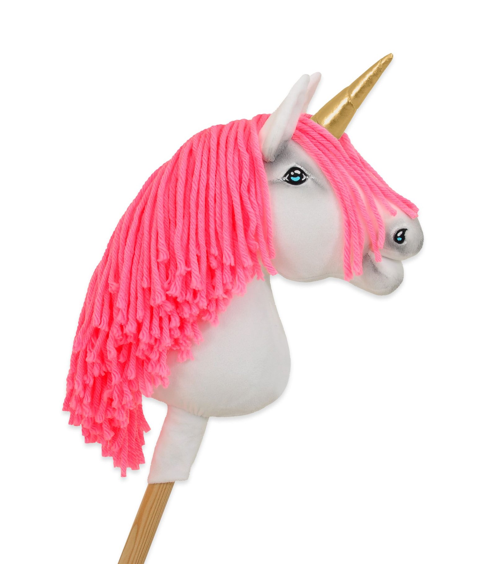 Hobby Horse vienaragis ant lazdos - baltos spalvos su neoninės rožinės spalvos karčiais ir auksiniu ragu A4