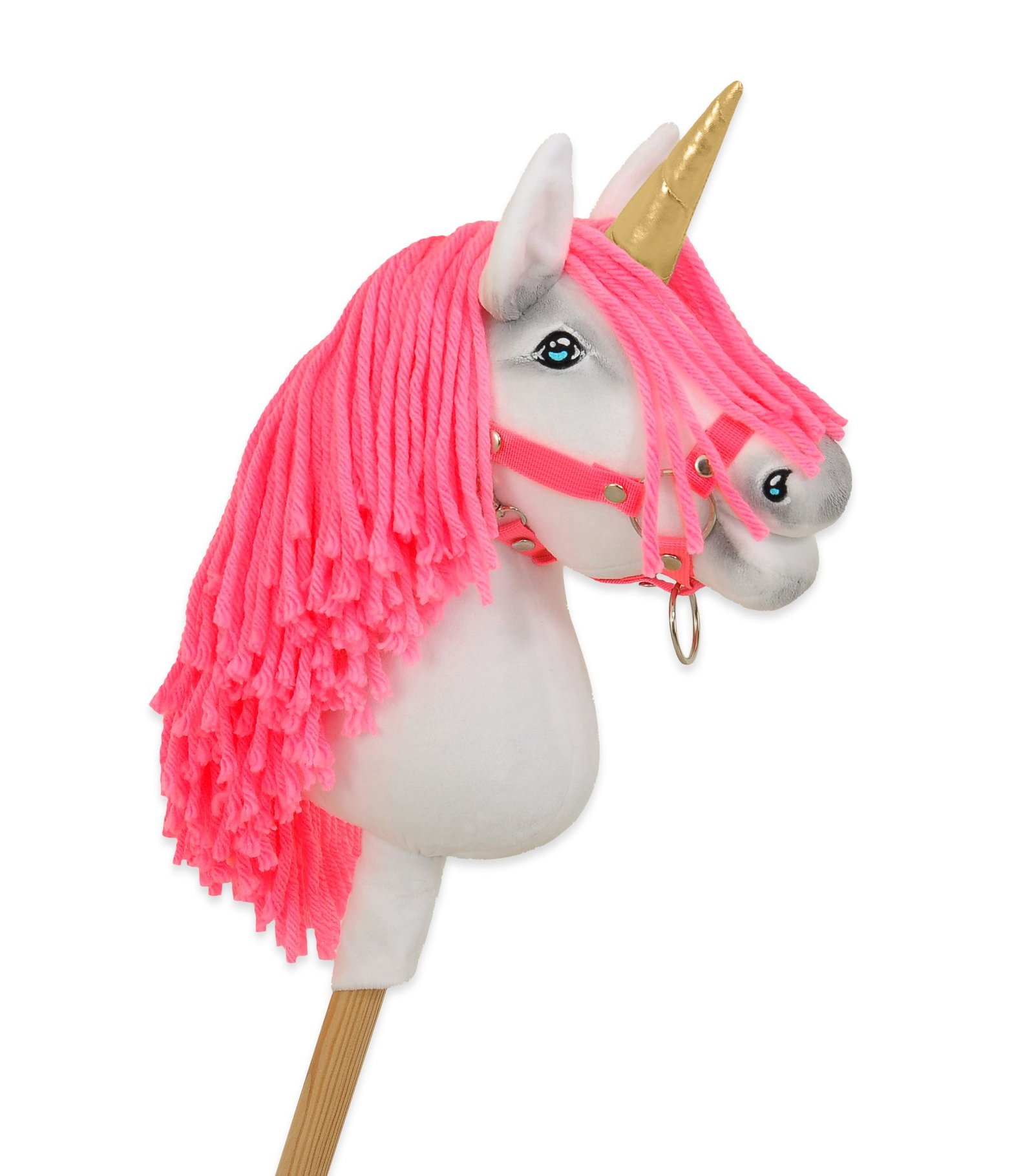 Hobby Horse vienaragis ant lazdos - baltos spalvos su neoninės rožinės spalvos karčiais ir auksiniu ragu A4 - Image 3
