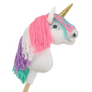 Hobby Horse vienaragis ant lazdos - baltos spalvos su spalvotais karčiais ir auksiniu ragu A4