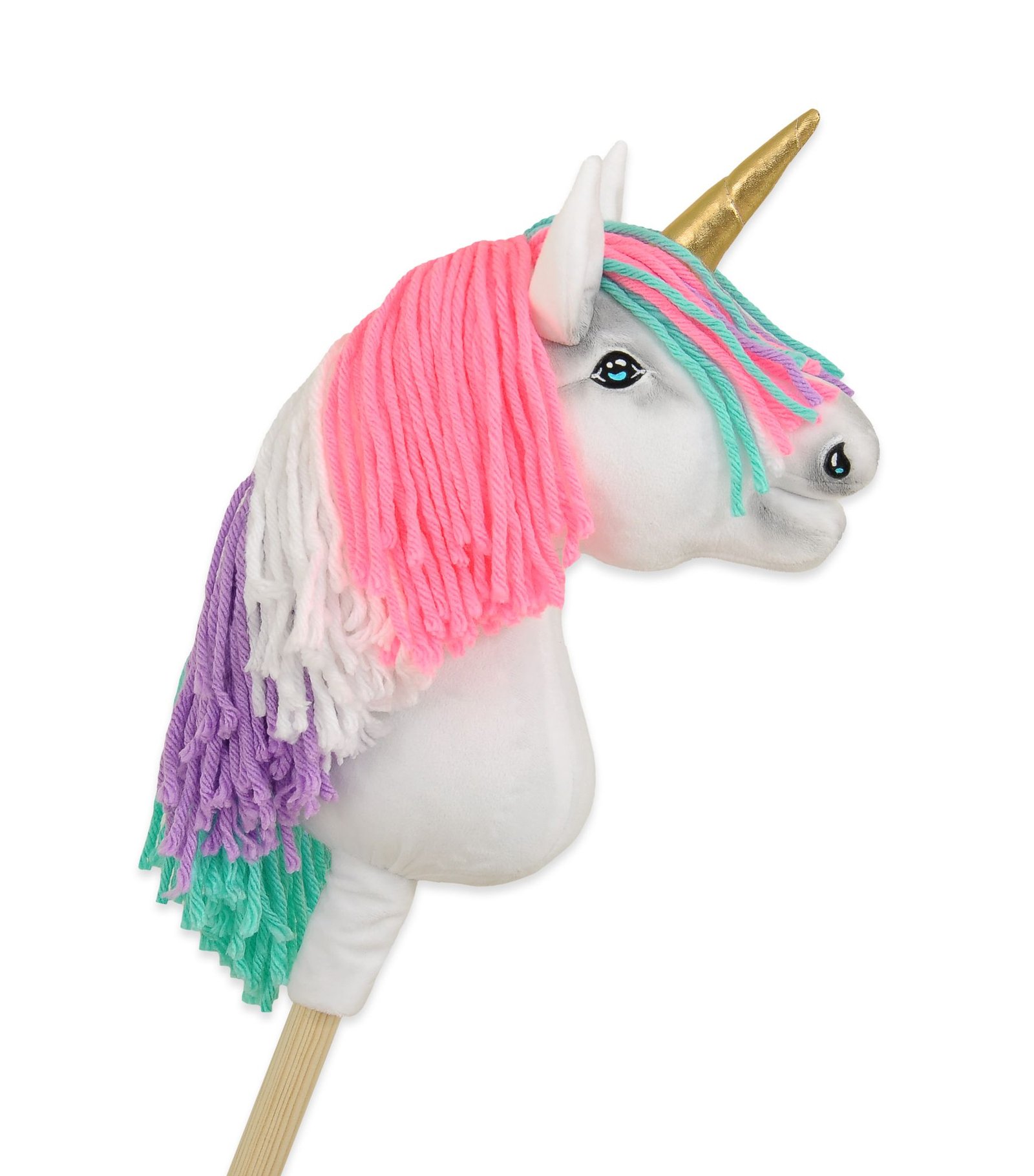 Hobby Horse vienaragis ant lazdos - baltos spalvos su spalvotais karčiais ir auksiniu ragu A4