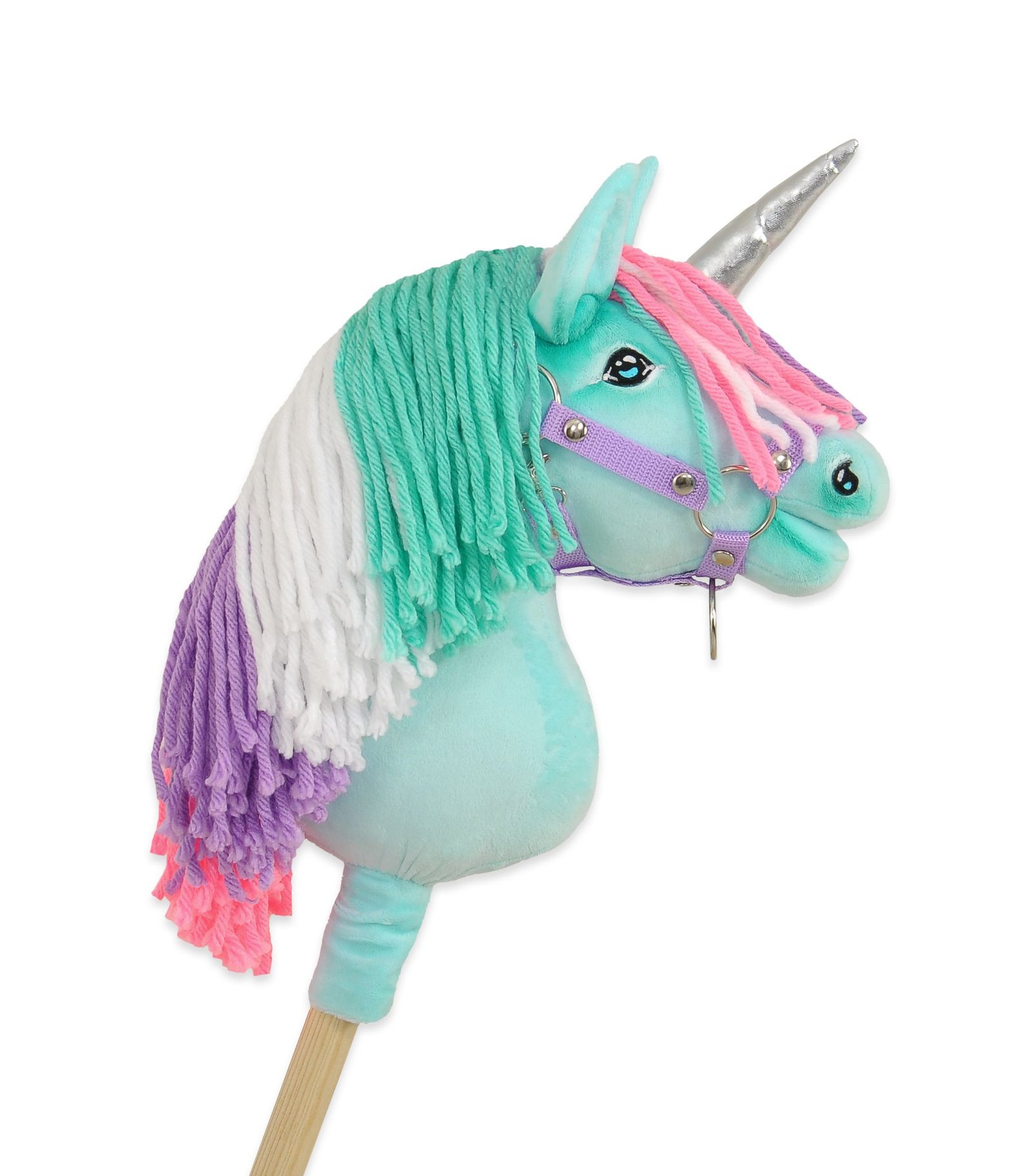 Hobby Horse vienaragis ant lazdos – mėtų spalvos, su spalvotu karčiu ir sidabriniu ragu, A4 - Image 2