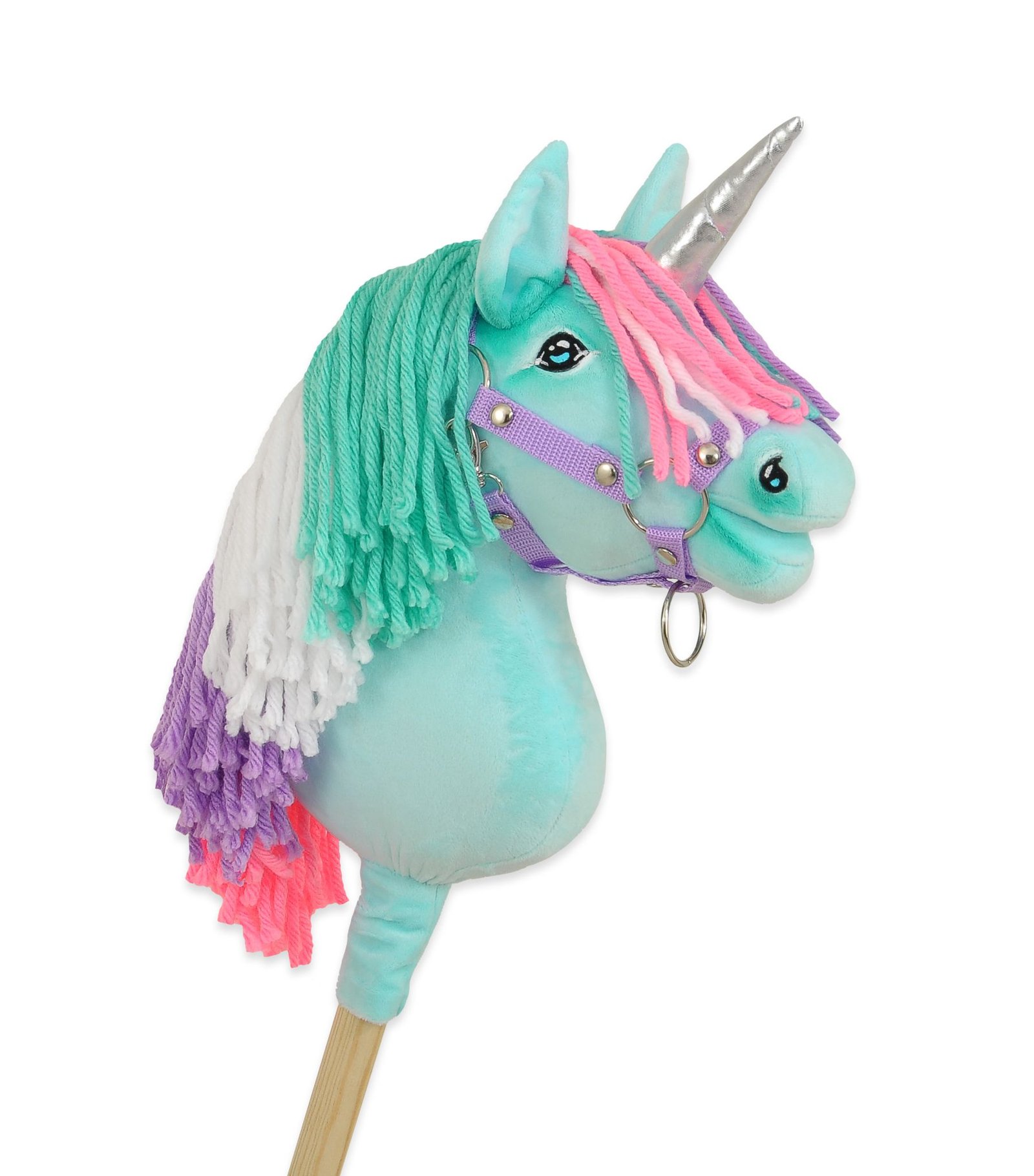 Hobby Horse vienaragis ant lazdos – mėtų spalvos, su spalvotu karčiu ir sidabriniu ragu, A4 - Image 3