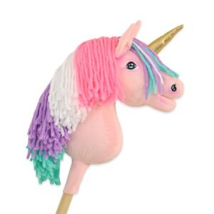 Hobby Horse vienaragis ant lazdos - rožinės spalvos su spalvotais karčiais ir auksiniu ragu A4