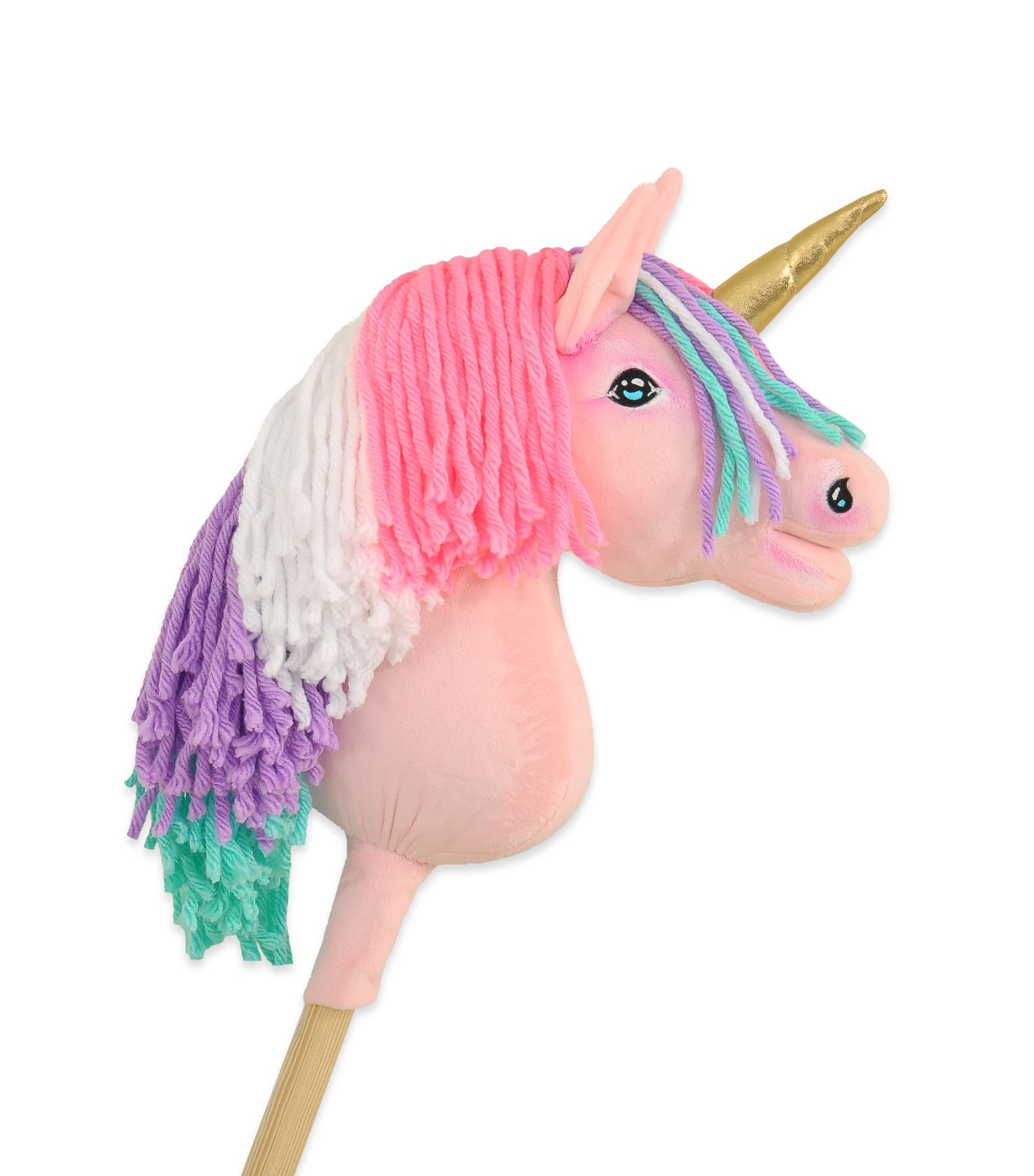Hobby Horse vienaragis ant lazdos - rožinės spalvos su spalvotais karčiais ir auksiniu ragu A4