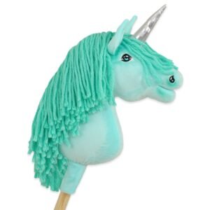 Hobby Horse vienaragis ant lazdos – mėtų spalvos, su mėtų spalvos karčiu ir sidabriniu ragu, A4