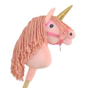 Hobby Horse vienaragis ant lazdos - rožinės spalvos su rožiniais karčiais ir auksiniu ragu A4
