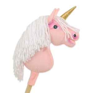 Hobby Horse vienaragis ant lazdos - rožinės spalvos su baltais karčiais ir auksiniu ragu A4