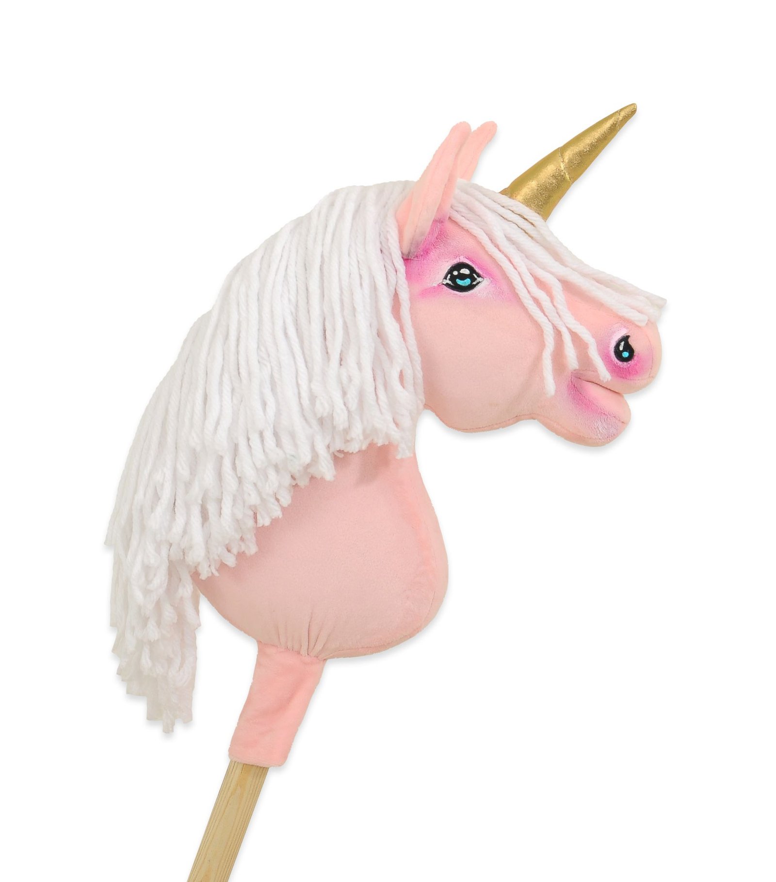 Hobby Horse vienaragis ant lazdos - rožinės spalvos su baltais karčiais ir auksiniu ragu A4