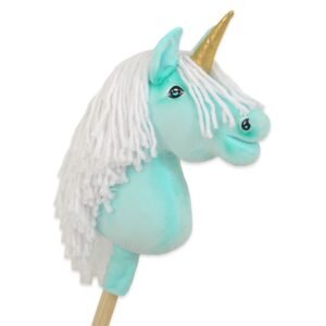 Hobby Horse vienaragis ant lazdos - mėtinės spalvos su baltais karčiais ir auksiniu ragu A4
