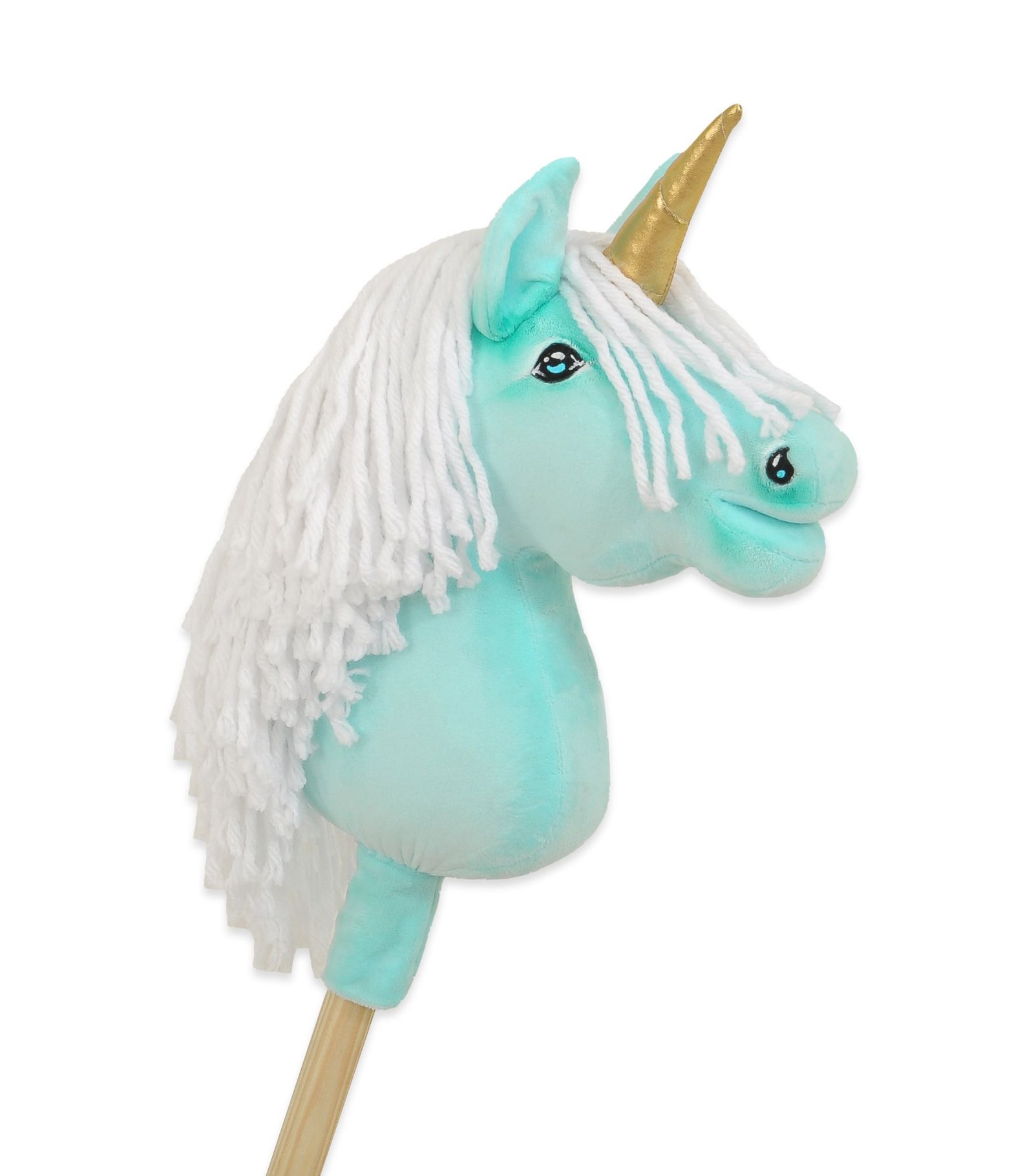 Hobby Horse vienaragis ant lazdos - mėtinės spalvos su baltais karčiais ir auksiniu ragu A4