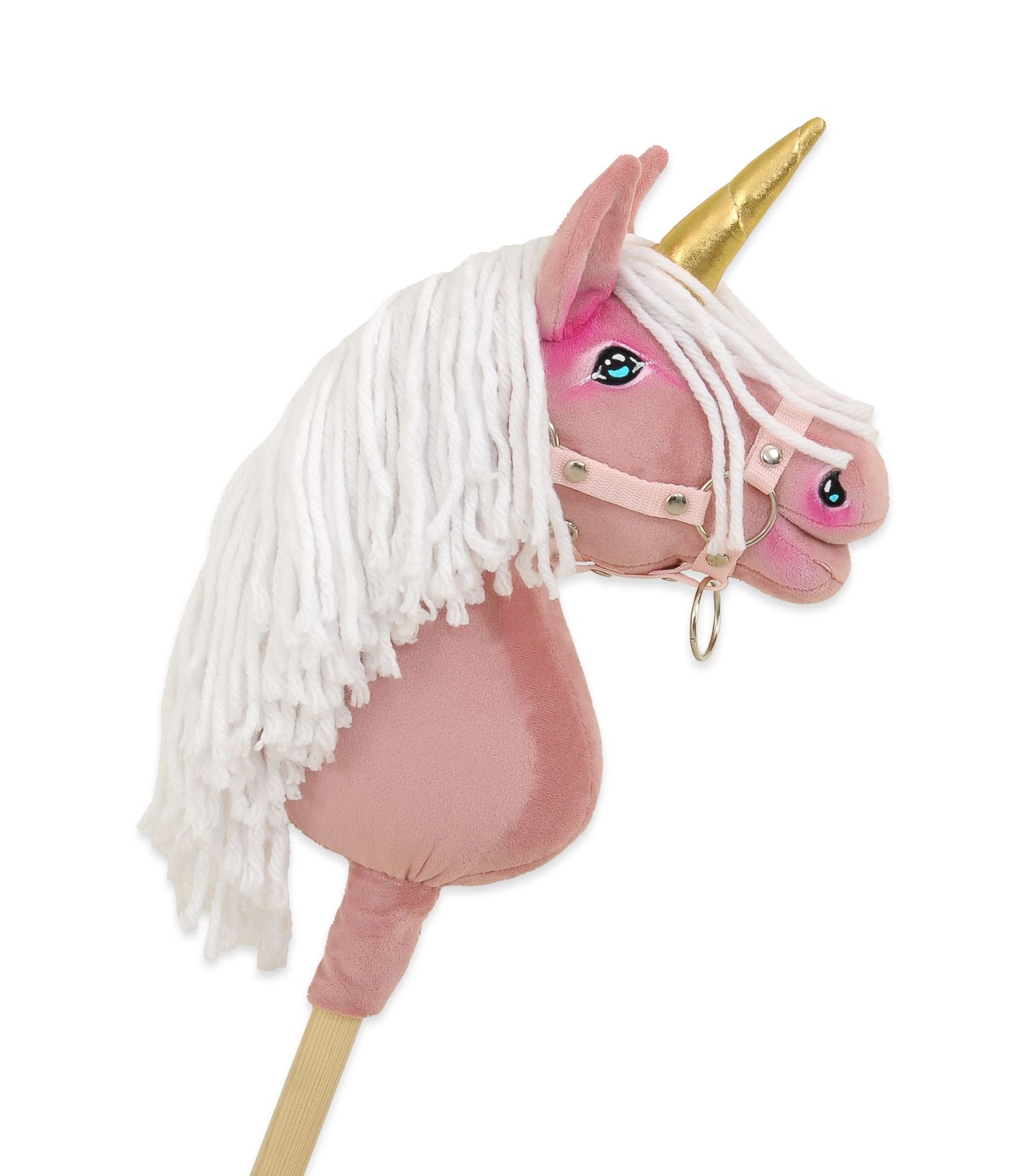 Hobby Horse vienaragis ant lazdos - pastelinės rožinės spalvos su baltais karčiais ir auksiniu ragu A4 - Image 2