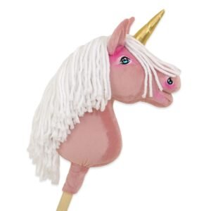 Hobby Horse vienaragis ant lazdos - pastelinės rožinės spalvos su baltais karčiais ir auksiniu ragu A4