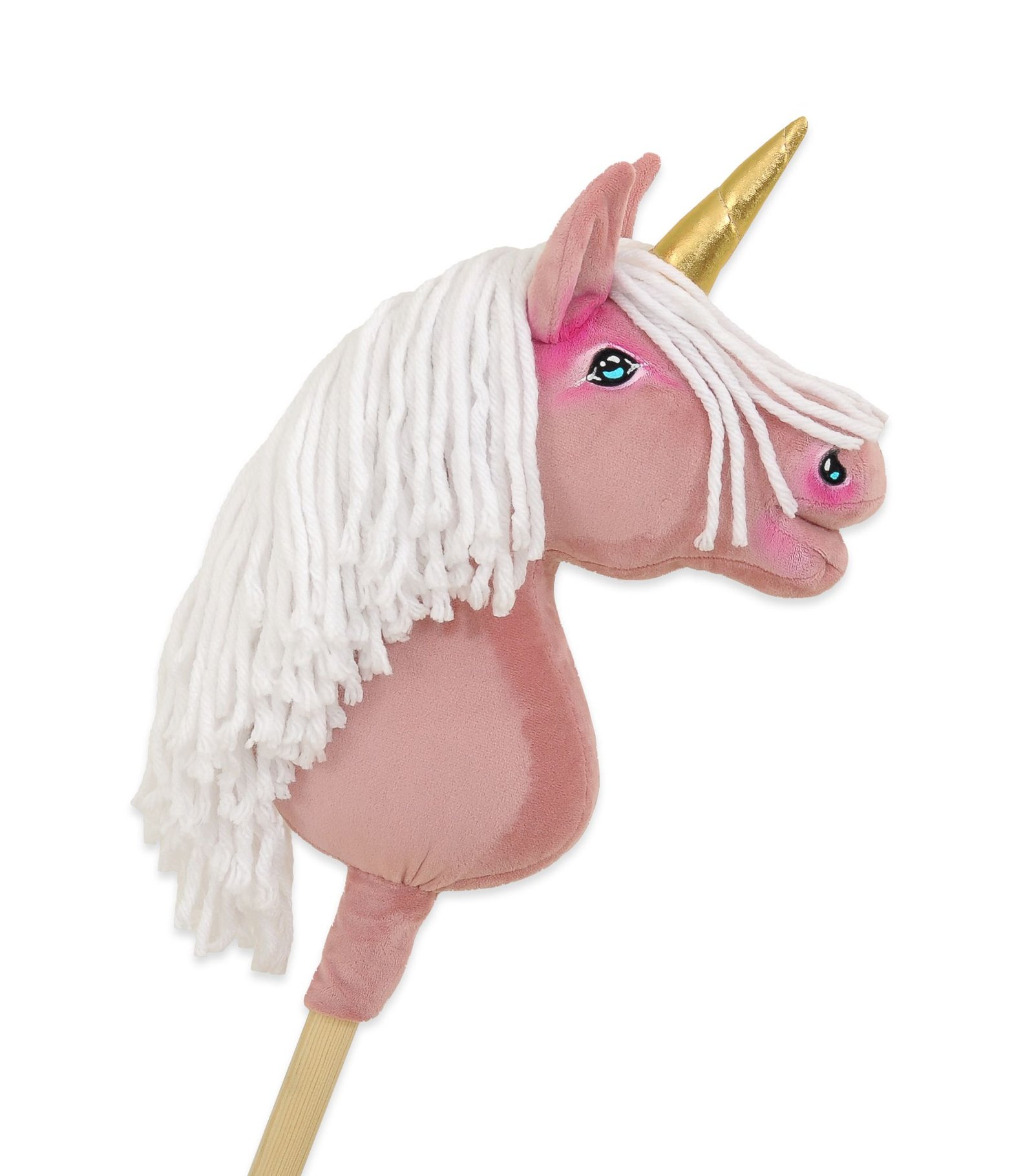 Hobby Horse vienaragis ant lazdos - pastelinės rožinės spalvos su baltais karčiais ir auksiniu ragu A4
