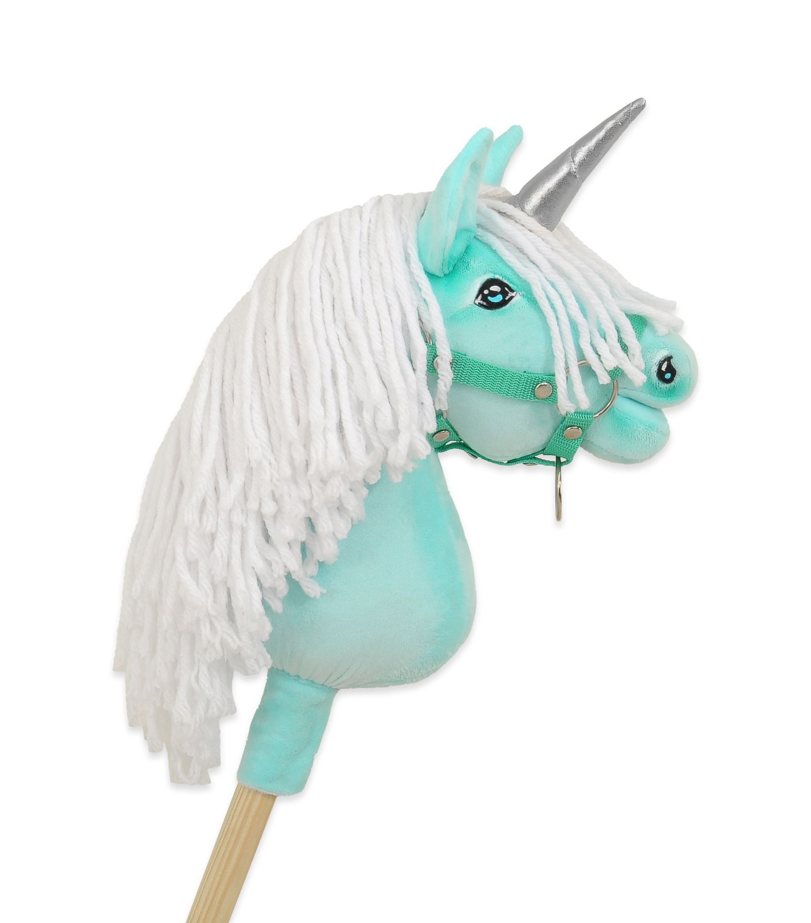 Hobby Horse vienaragis ant lazdos - mėtinės spalvos su baltais karčiais ir sidabriniu ragu A4 - Image 2