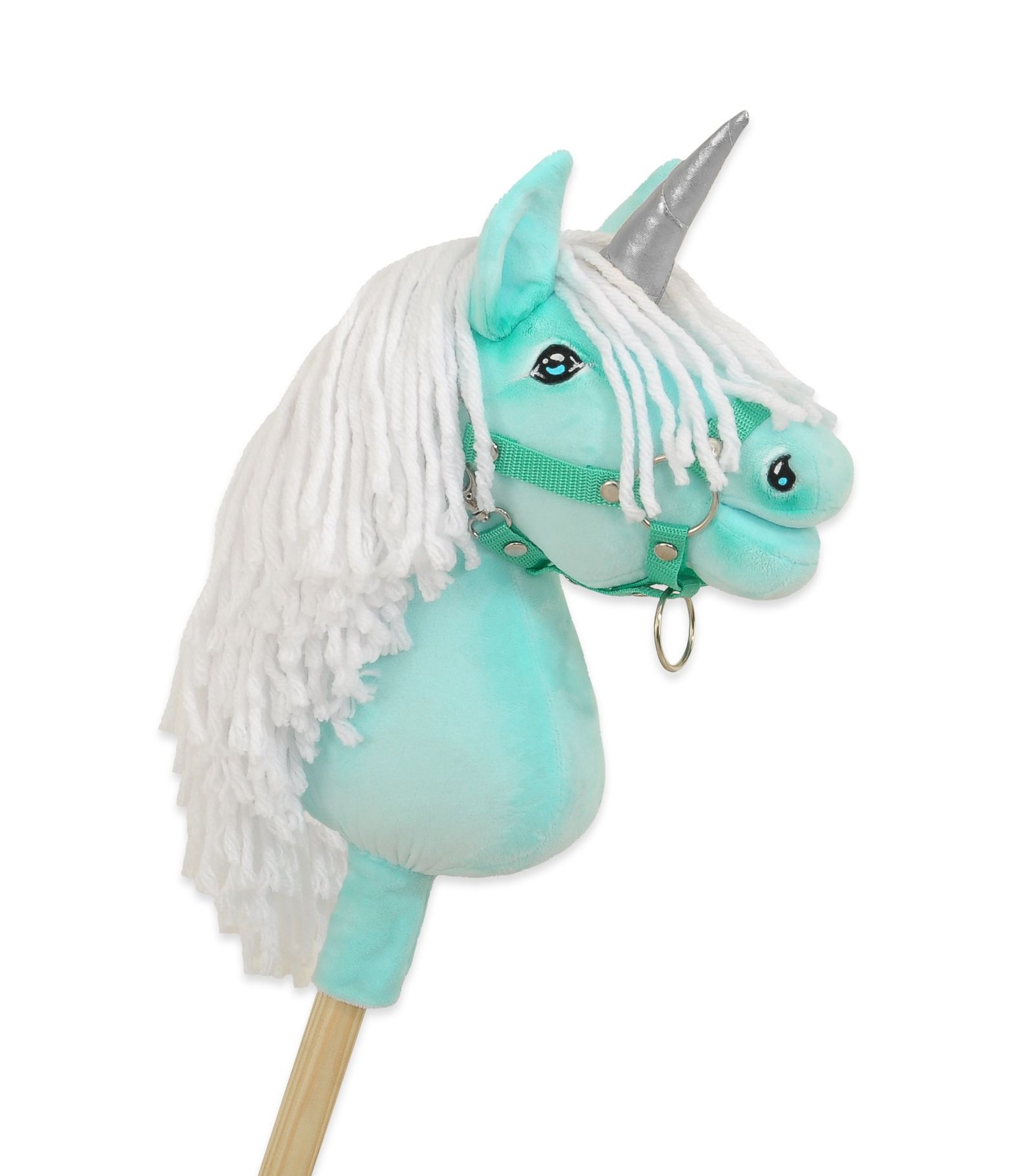 Hobby Horse vienaragis ant lazdos - mėtinės spalvos su baltais karčiais ir sidabriniu ragu A4 - Image 3