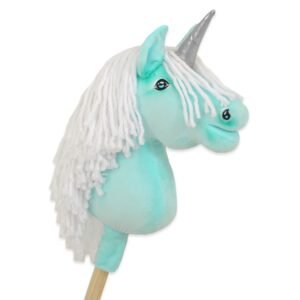 Hobby Horse vienaragis ant lazdos - mėtinės spalvos su baltais karčiais ir sidabriniu ragu A4
