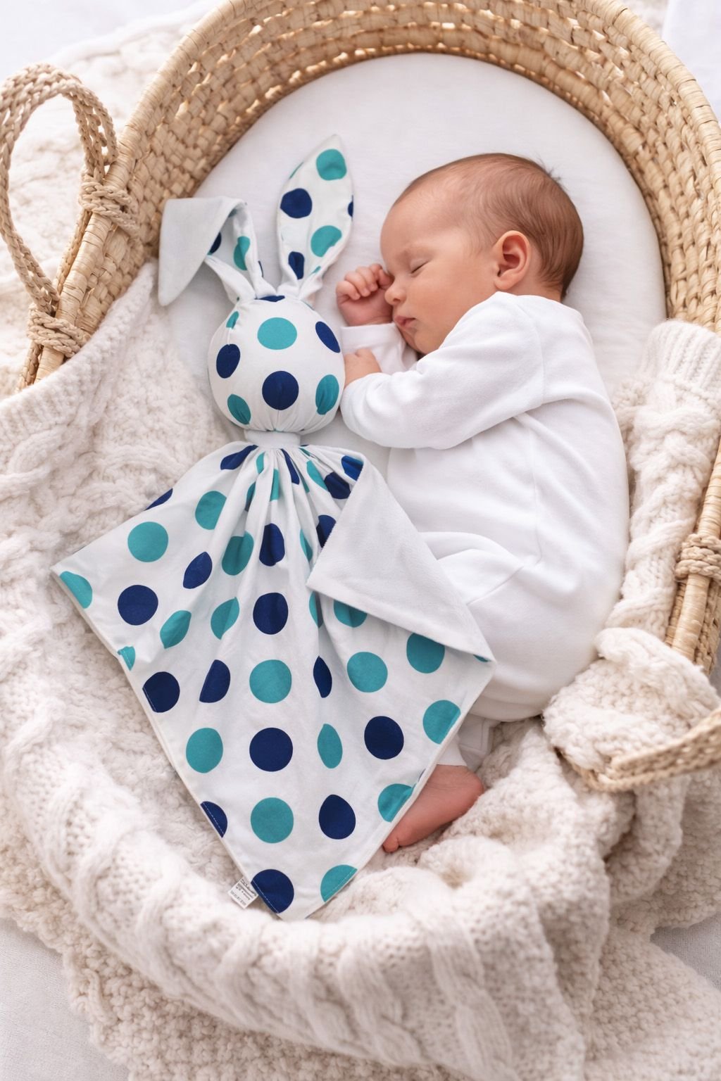 DOUDOU dvipusis meilus kiškutis iš medvilnės ir minky audinio - Mėtinė ir tamsiai mėlyni taškeliai - balta - Image 5