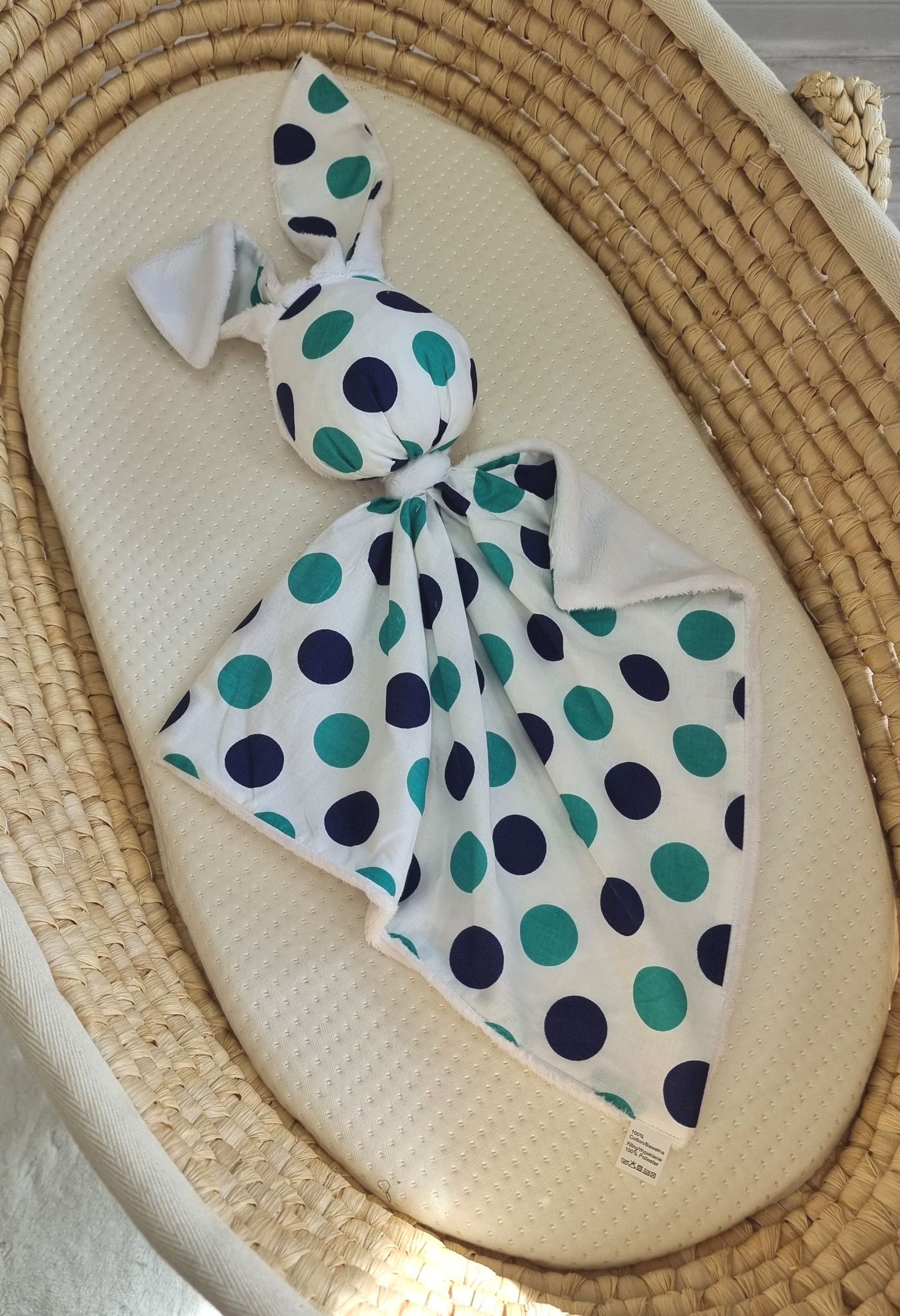 DOUDOU dvipusis meilus kiškutis iš medvilnės ir minky audinio - Mėtinė ir tamsiai mėlyni taškeliai - balta - Image 4