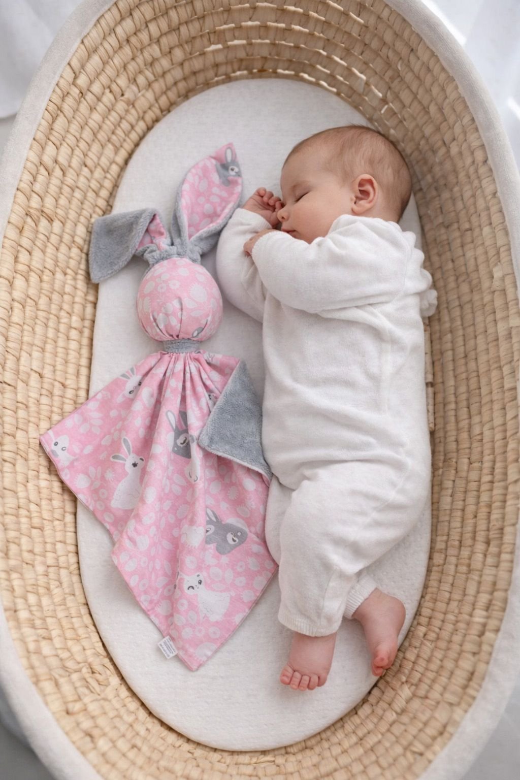 DOUDOU dvipusis meilus kiškutis iš medvilnės ir minky audinio - Rožiniai kiškučiai - pilka - Image 5