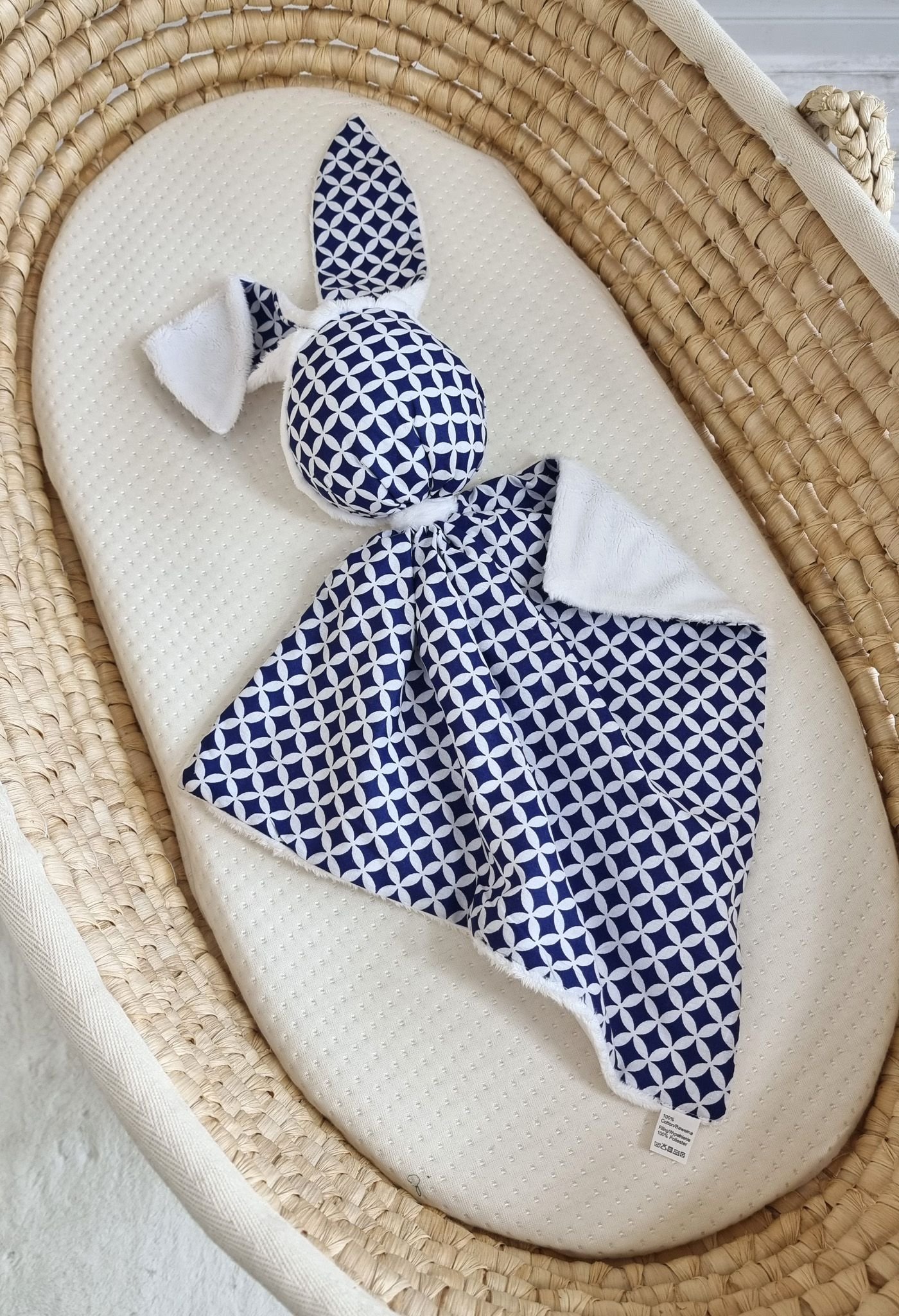 DOUDOU dvipusis meilus kiškutis iš medvilnės ir minky audinio - Mini rozetės tamsiai mėlyna - balta - Image 4