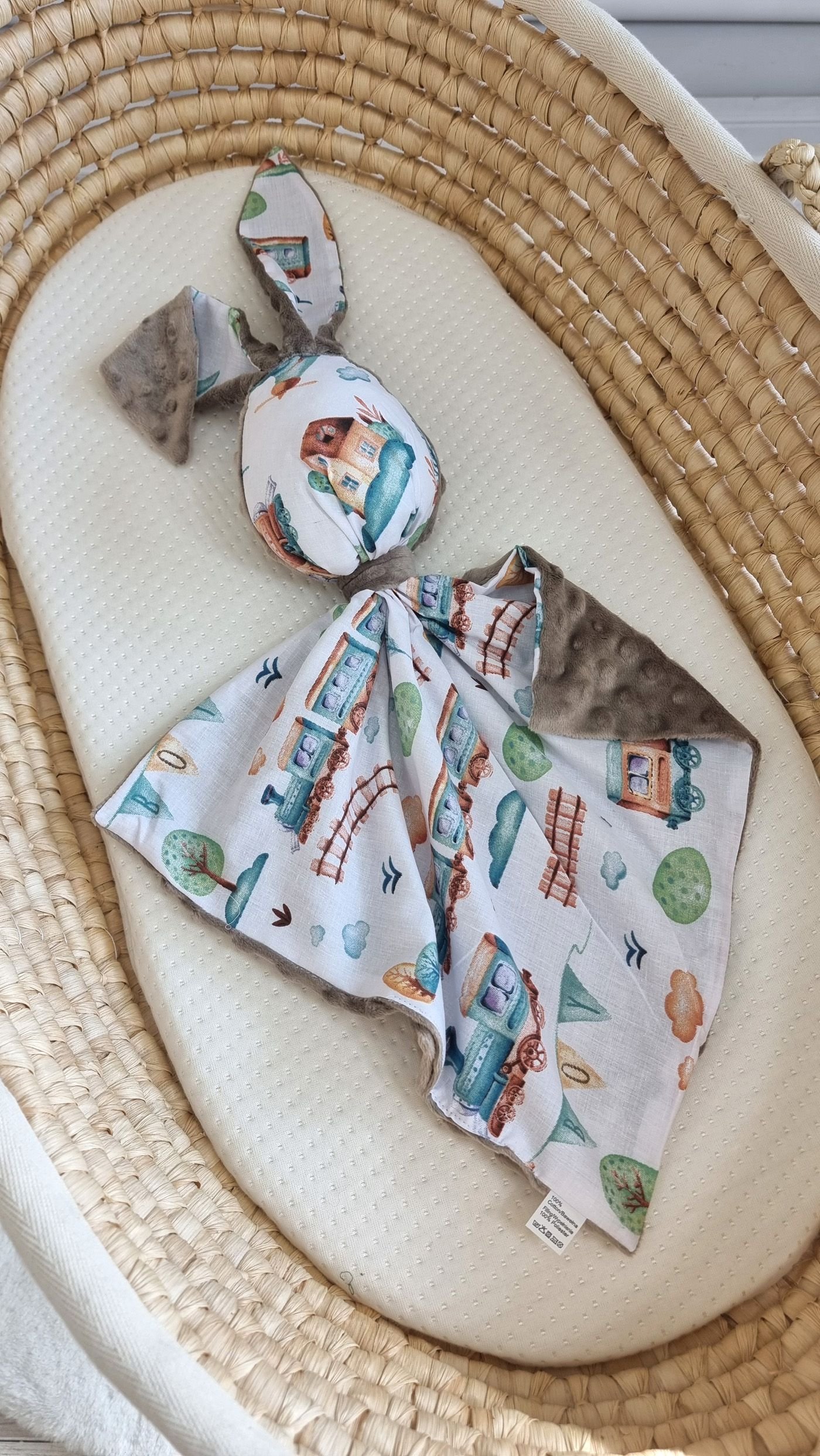 DOUDOU dvipusis meilus kiškutis iš medvilnės ir minky audinio - Turkio spalvos traukinukas - pilka - Image 4