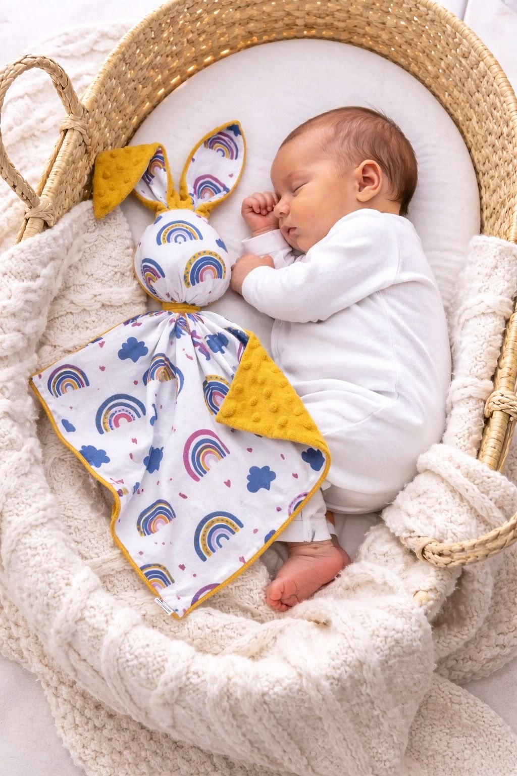 DOUDOU dvipusis meilus kiškutis iš medvilnės ir minky audinio - Vaivorykštė - medaus geltona - Image 5
