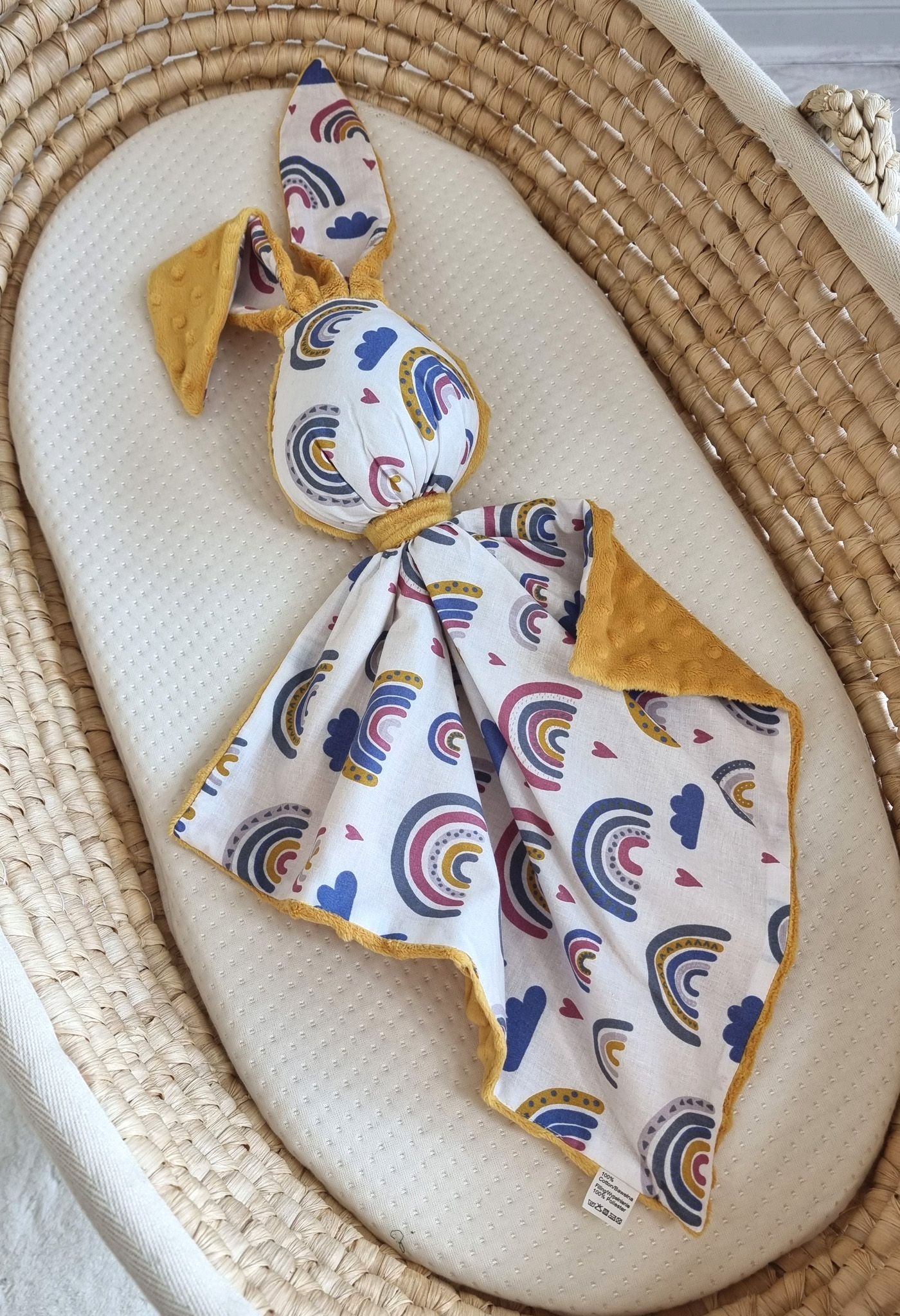 DOUDOU dvipusis meilus kiškutis iš medvilnės ir minky audinio - Vaivorykštė - medaus geltona - Image 4