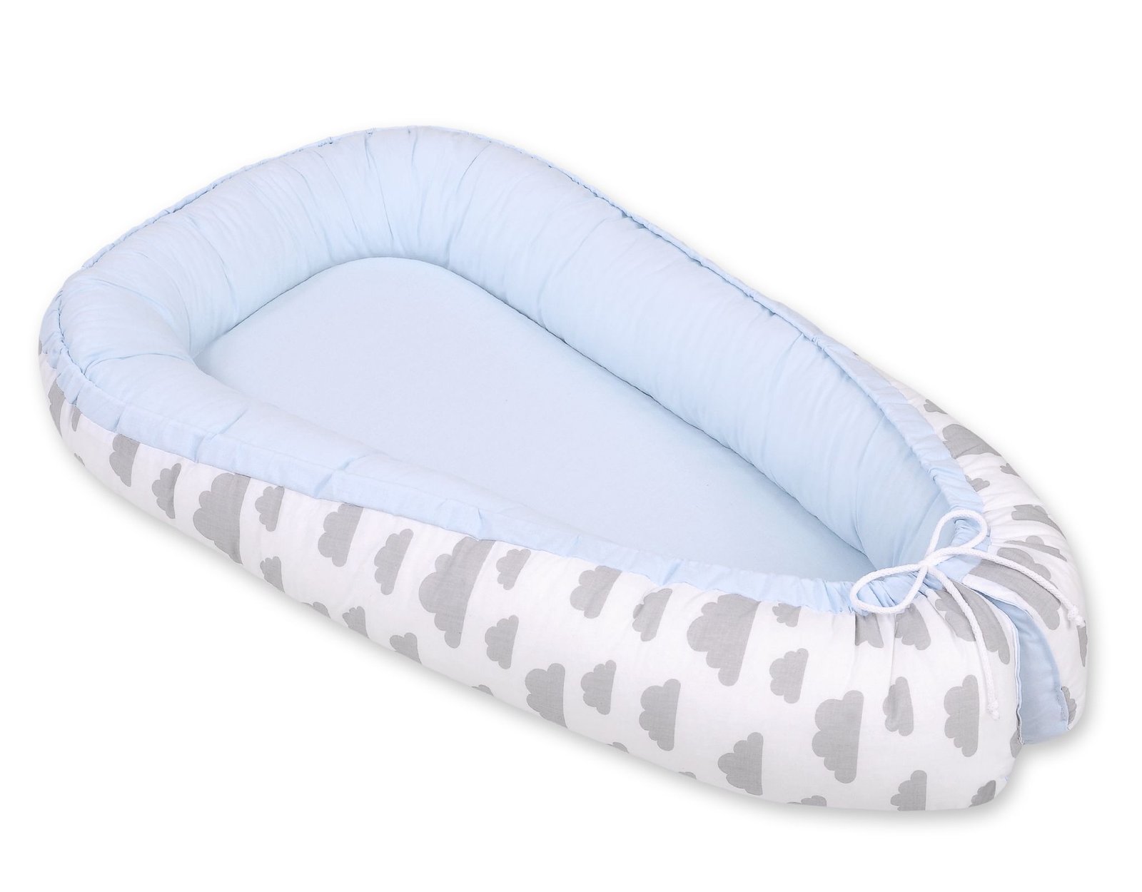 Kūdikio lizdas dvipusis Premium Cocoon naujagimiams BOBONO - debesys pilka/mėlyna - Image 3