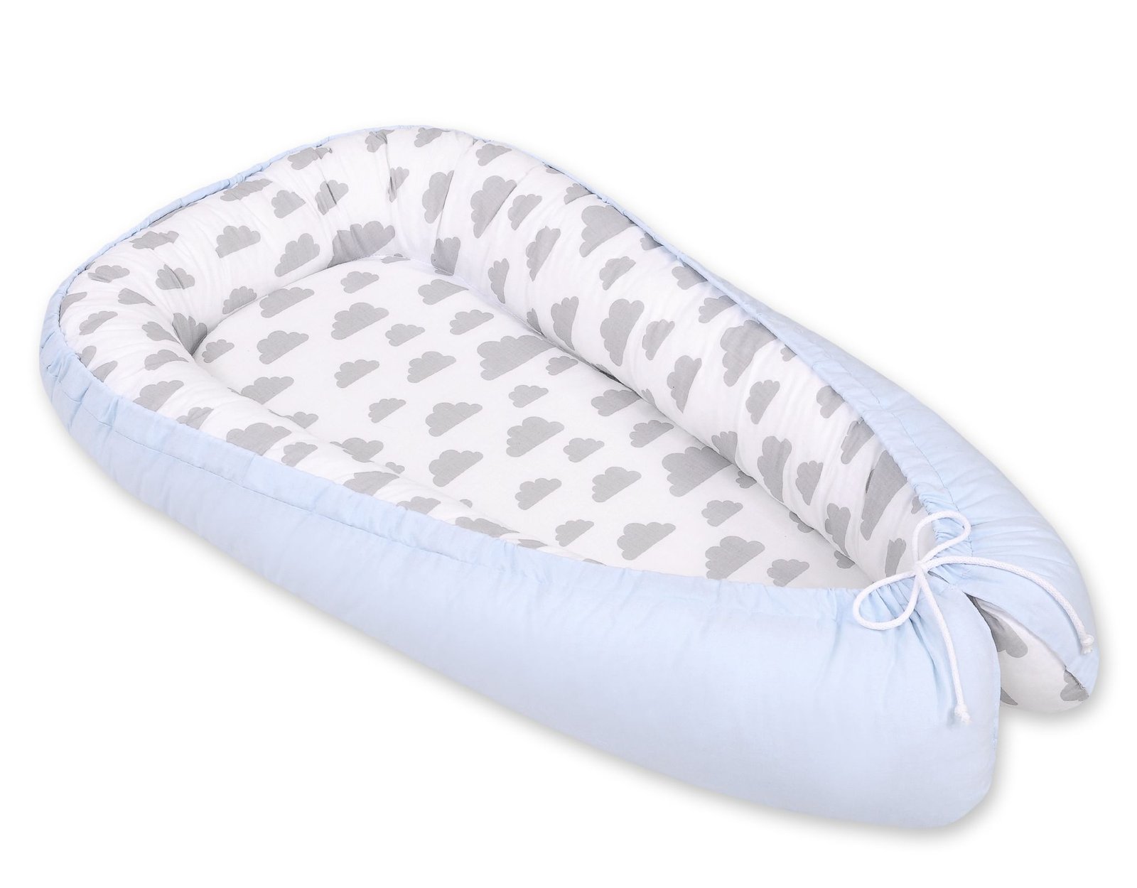 Kūdikio lizdas dvipusis Premium Cocoon naujagimiams BOBONO - debesys pilka/mėlyna - Image 4