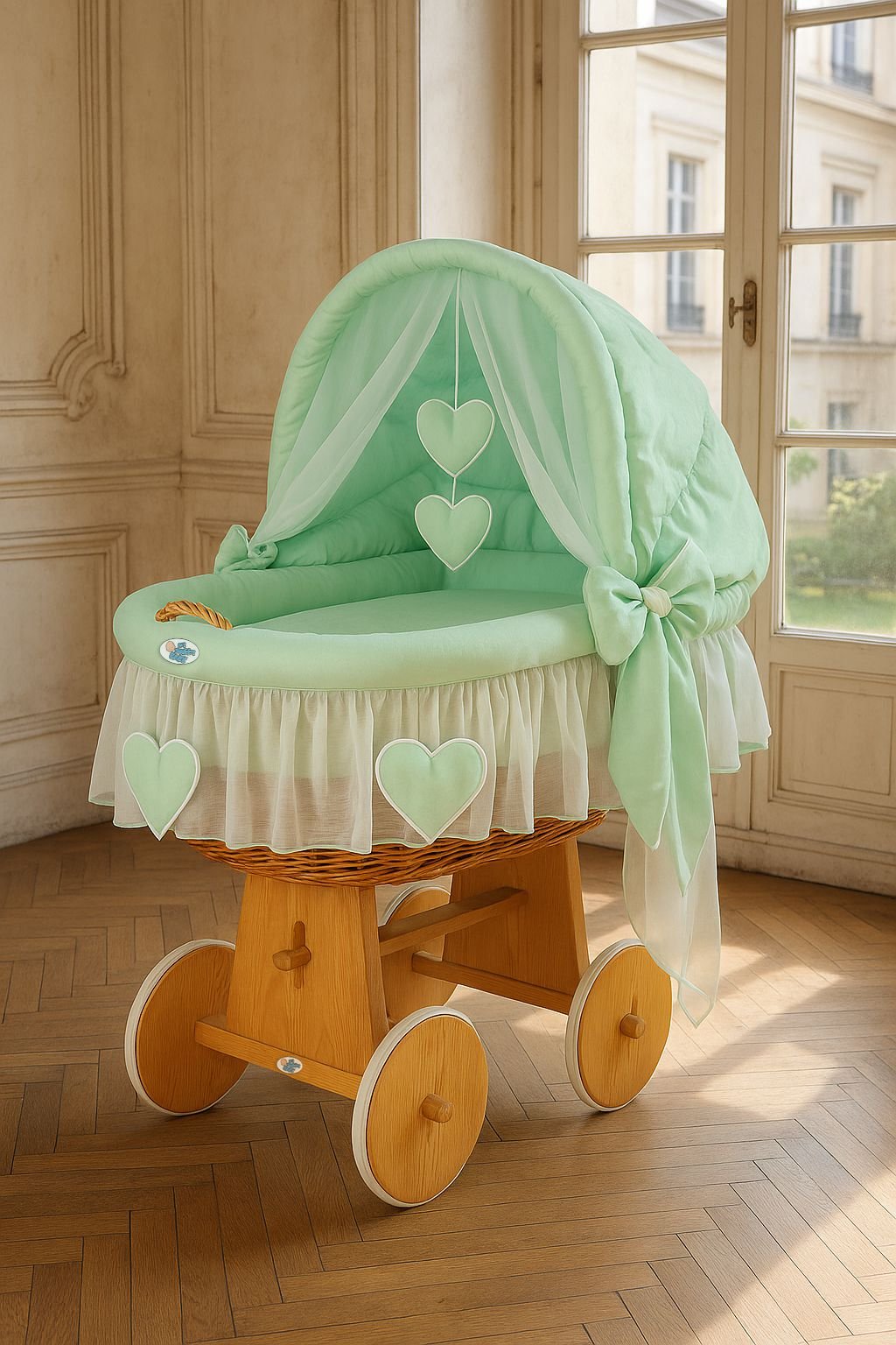 Moses krepšys su gaubtu Amelie – natūrali + mėtų patalynė - Image 4