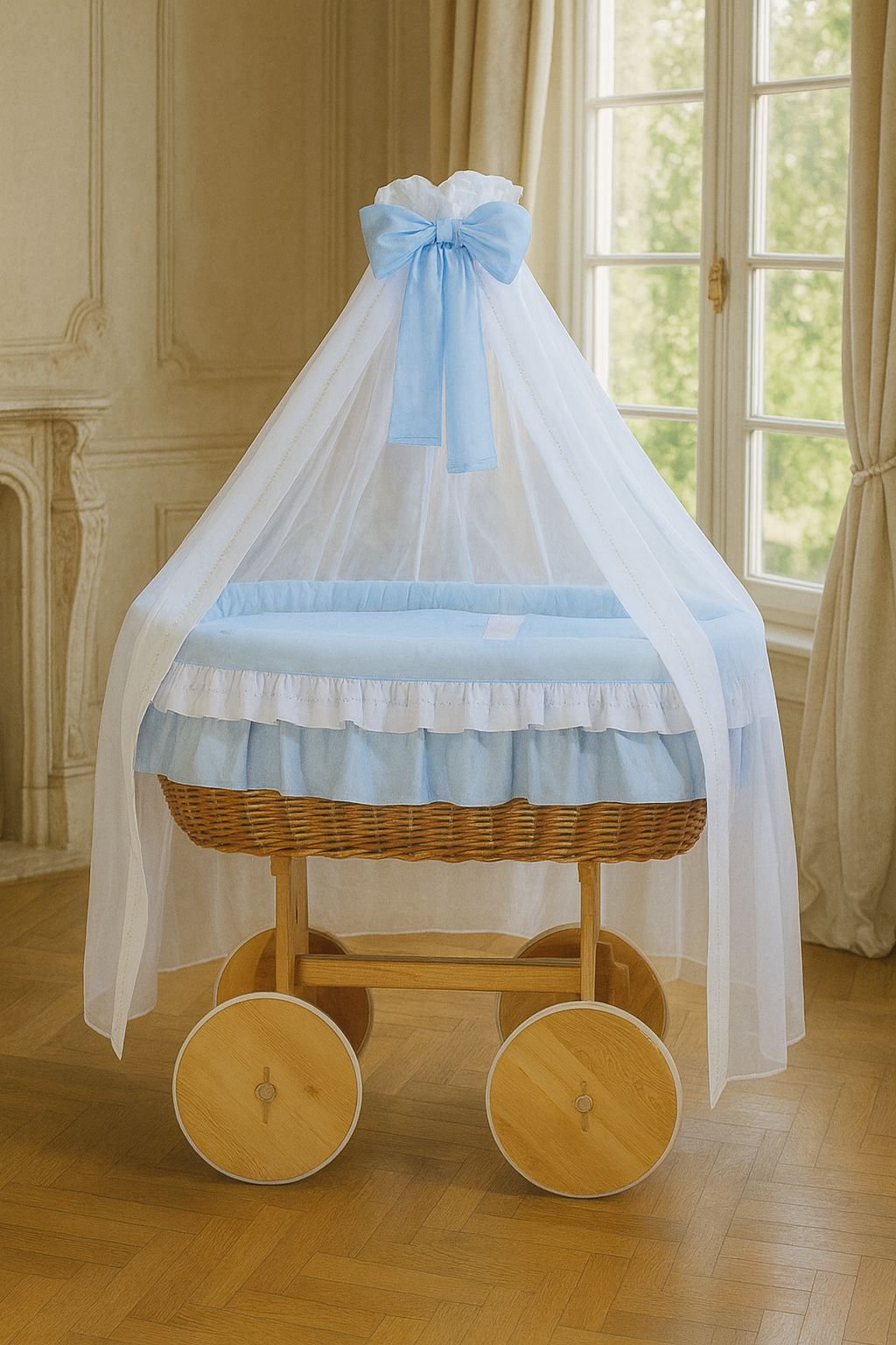 Moses krepšys su drapiruote Deluxe Bellamy – natūrali + mėlyna patalynė - Image 6
