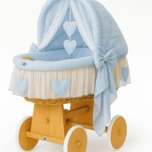 Moses Basket Wicker hood crib Amelie - natural + blue bedding