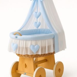 Moses Basket Wicker drape crib Amelie - natural + blue bedding