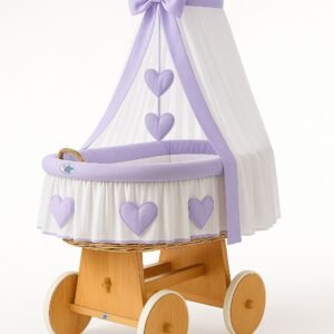 Moses Basket Wicker drape crib Amelie - natural + lilac bedding